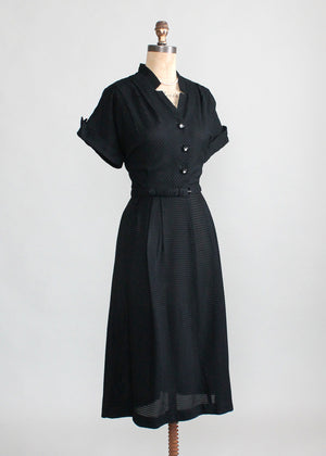 Vintage Early 1950s Black Rayon Pintuck Dress