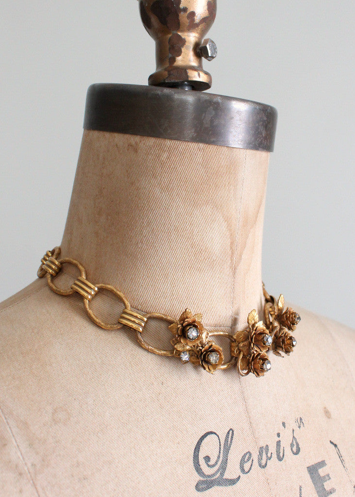Vintage 1950s Rhinestone Roses Choker Necklace