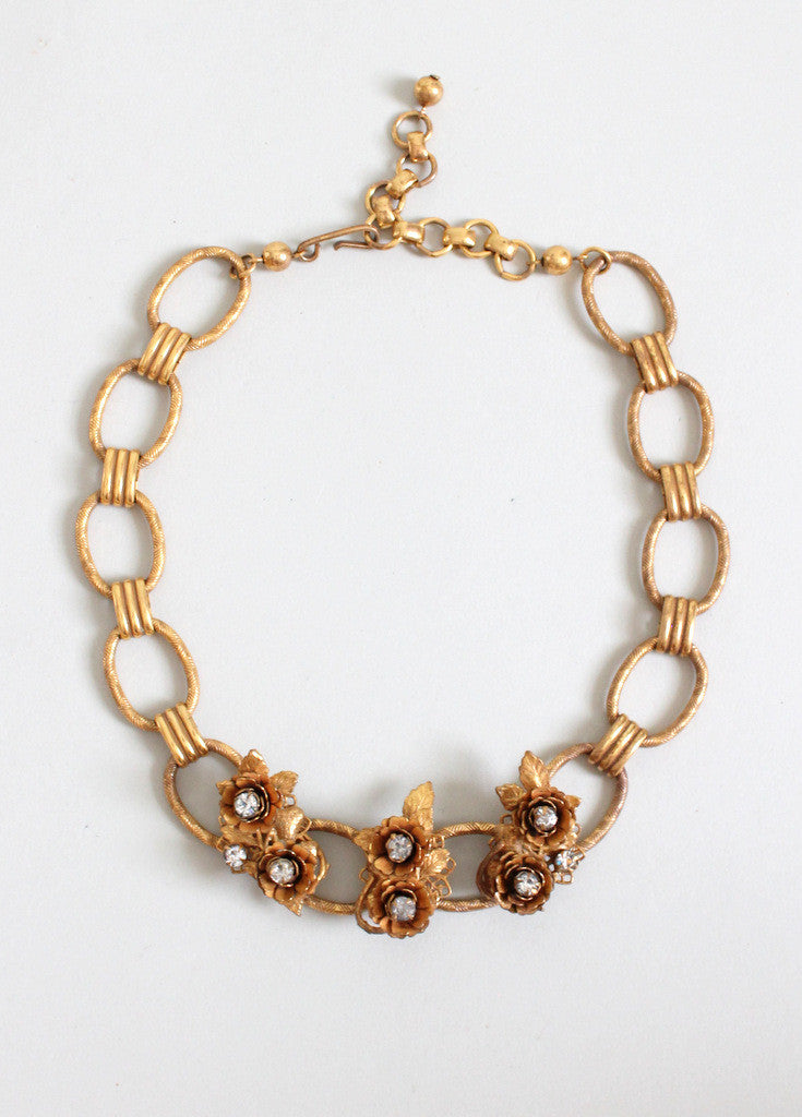 Vintage 1950s Rhinestone Roses Choker Necklace