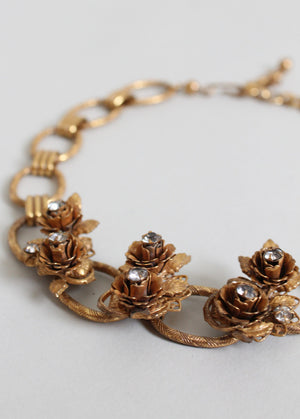 Vintage 1950s Rhinestone Roses Choker Necklace