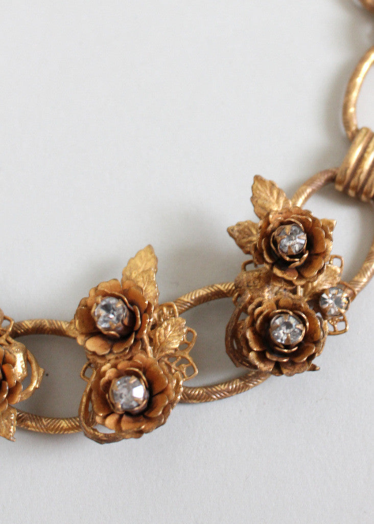Vintage 1950s Rhinestone Roses Choker Necklace