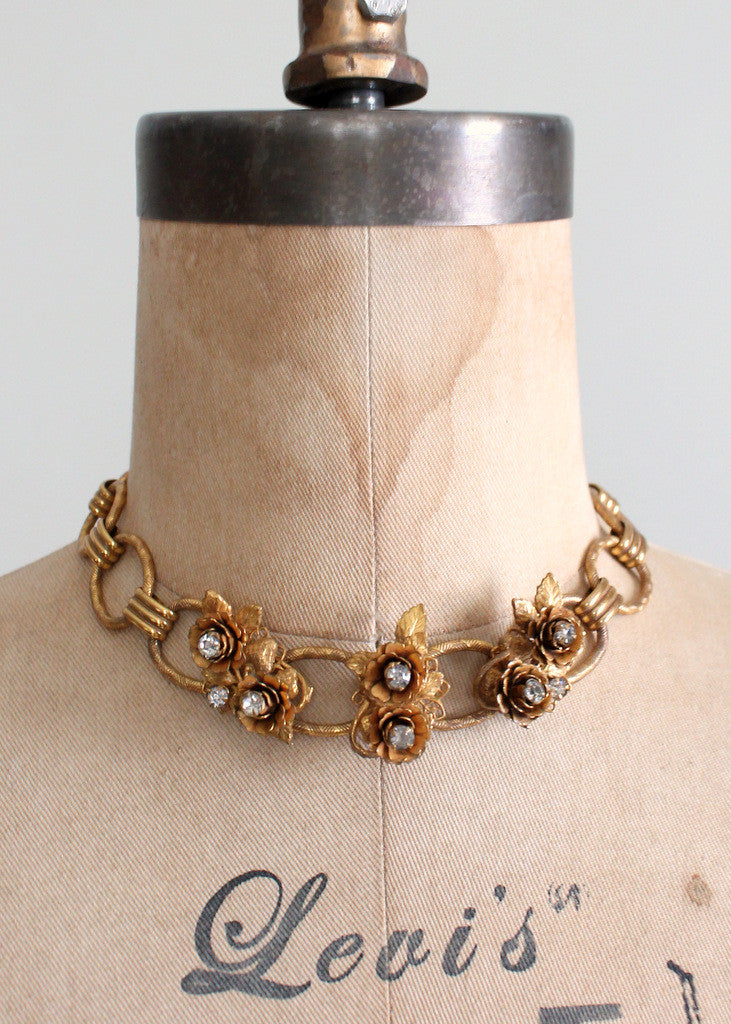 Vintage 1950s Rhinestone Roses Choker Necklace
