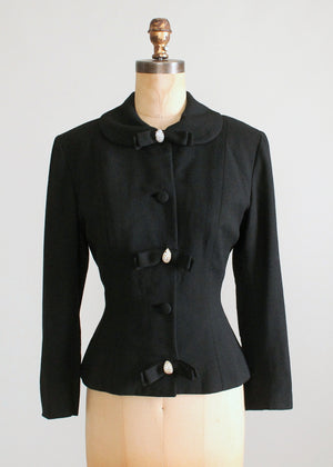 Vintage 1950s Lilli Ann Black Wool Jacket with Rhinestone Accents