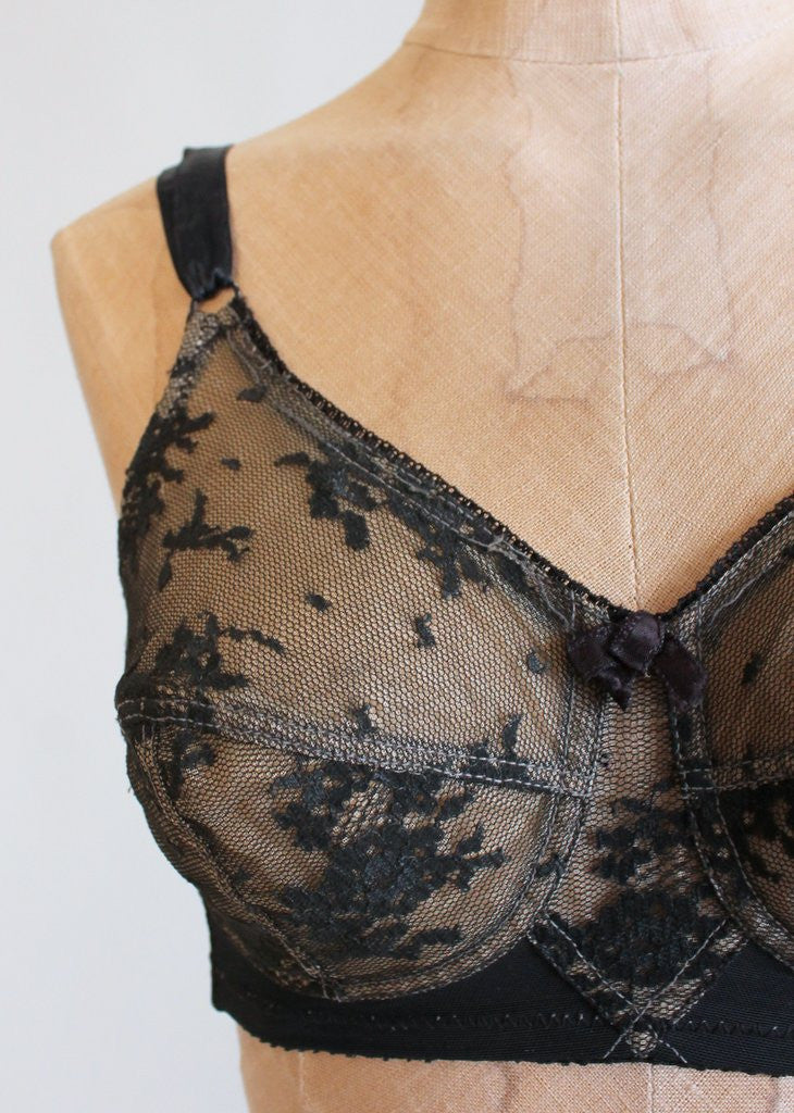 Vintage 1950s Black Satin and Fishnet Lace Bra, Rayon and Mesh Lace Bra NO  Underwire 