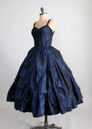 Vintage 1950s Pucker Up Navy Taffeta Party Dress
