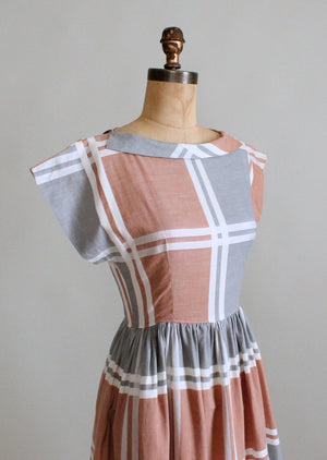 Vintage 1950s Neutral Windowpane Plaid Cotton Dress