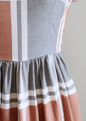 Vintage 1950s Neutral Windowpane Plaid Cotton Dress