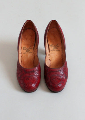 Vintage Early 1950s Mexican Red Tooled Leather Shoes