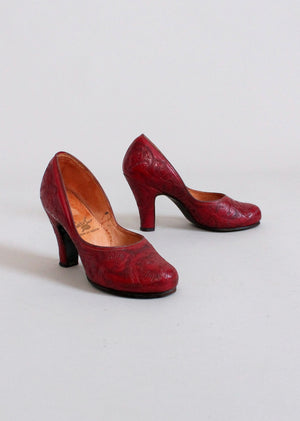 Vintage Early 1950s Mexican Red Tooled Leather Shoes