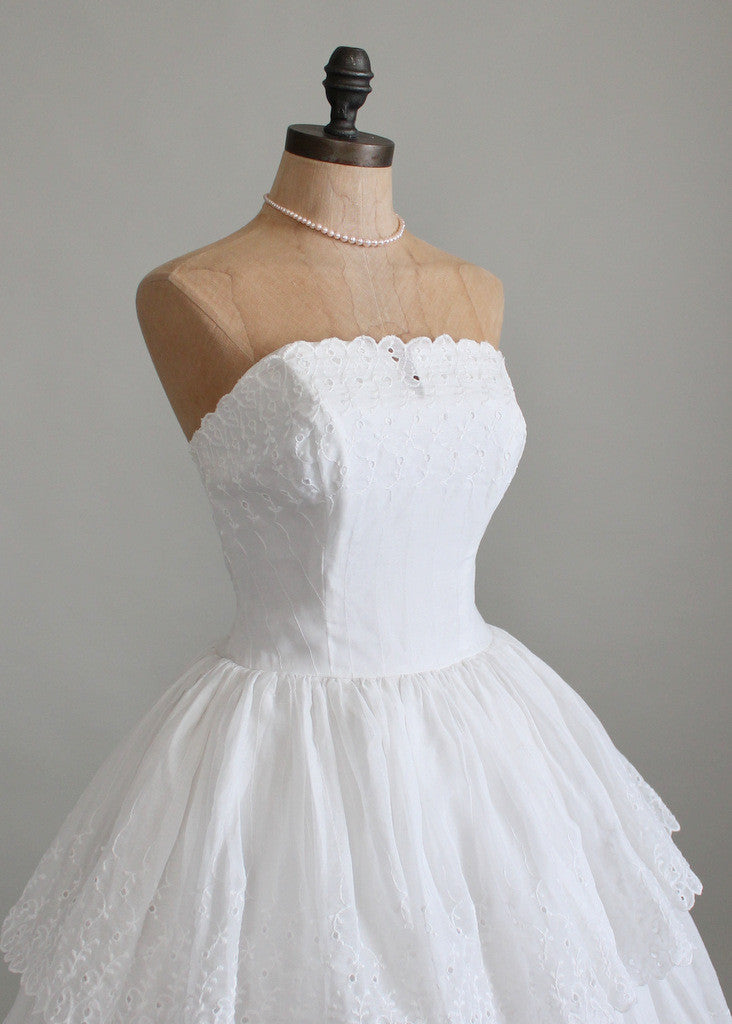 Vintage 1950s White Organdy Eyelet Wedding Dress