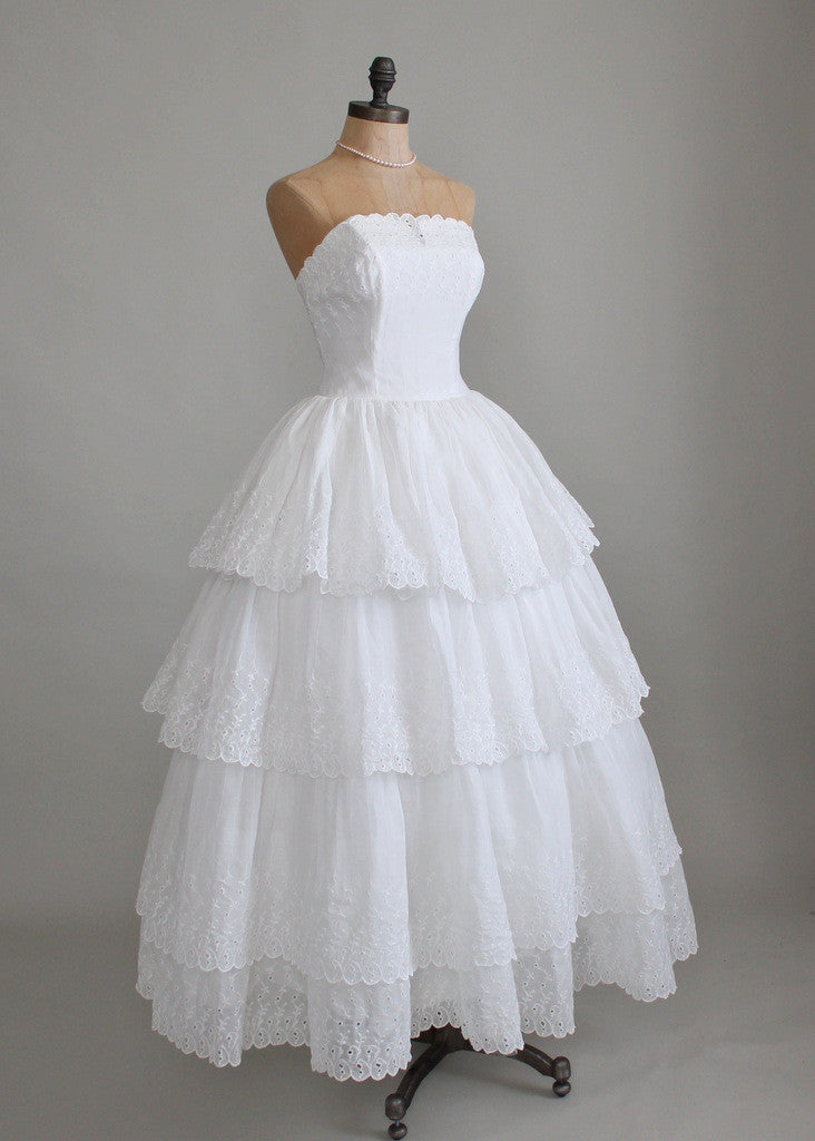 Vintage 1950s White Organdy Eyelet Wedding Dress