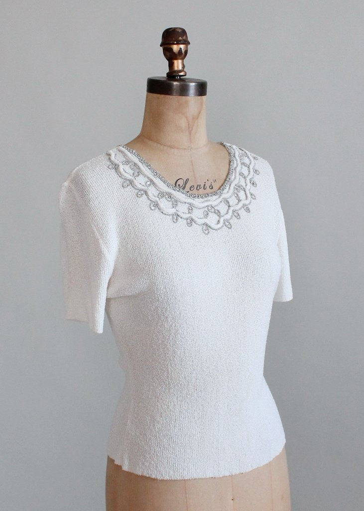 Vintage 1950s Rhinestone and Velvet Trimmed White Sweater
