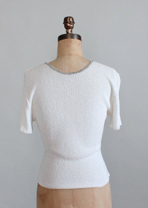 Vintage 1950s Rhinestone and Velvet Trimmed White Sweater