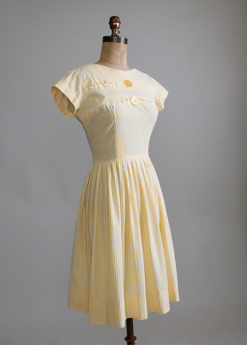 Vintage 1950s Yellow Seersucker Summer Day Dress - Raleigh Vintage