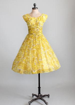 Vintage 1950s Yellow Floral Chiffon Party Dress