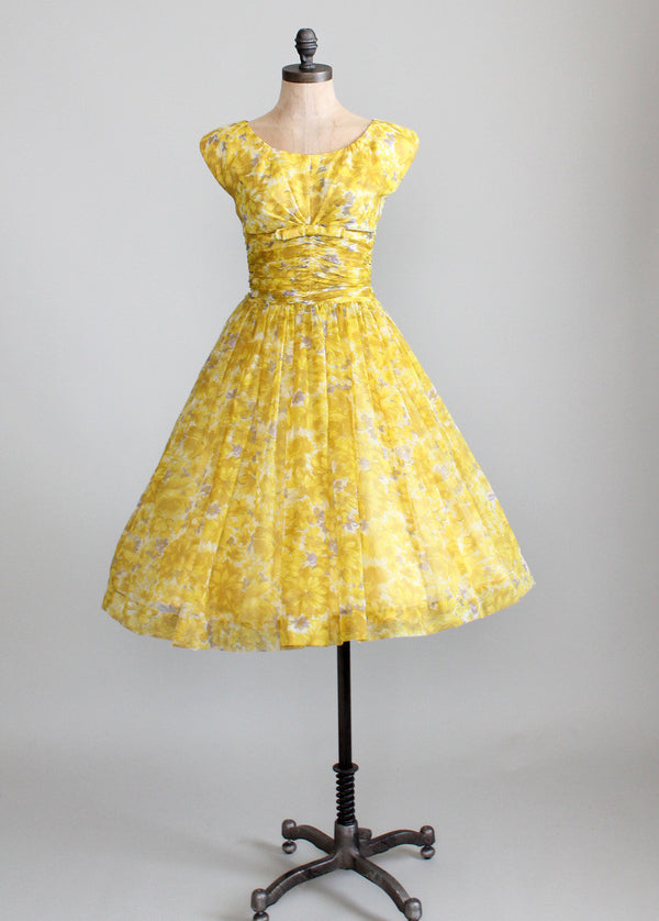 Vintage 1950s Yellow Floral Chiffon Party Dress - Raleigh Vintage