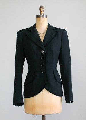 Vintage Early 1950s Tailored Black Wool and Velvet Jacket