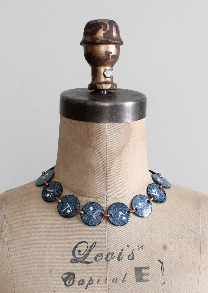 Vintage 1950s Modernist Blue Enameled Copper Necklace