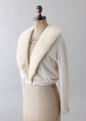Vintage 1950s Winter White Cashmere and Fur Cardigan