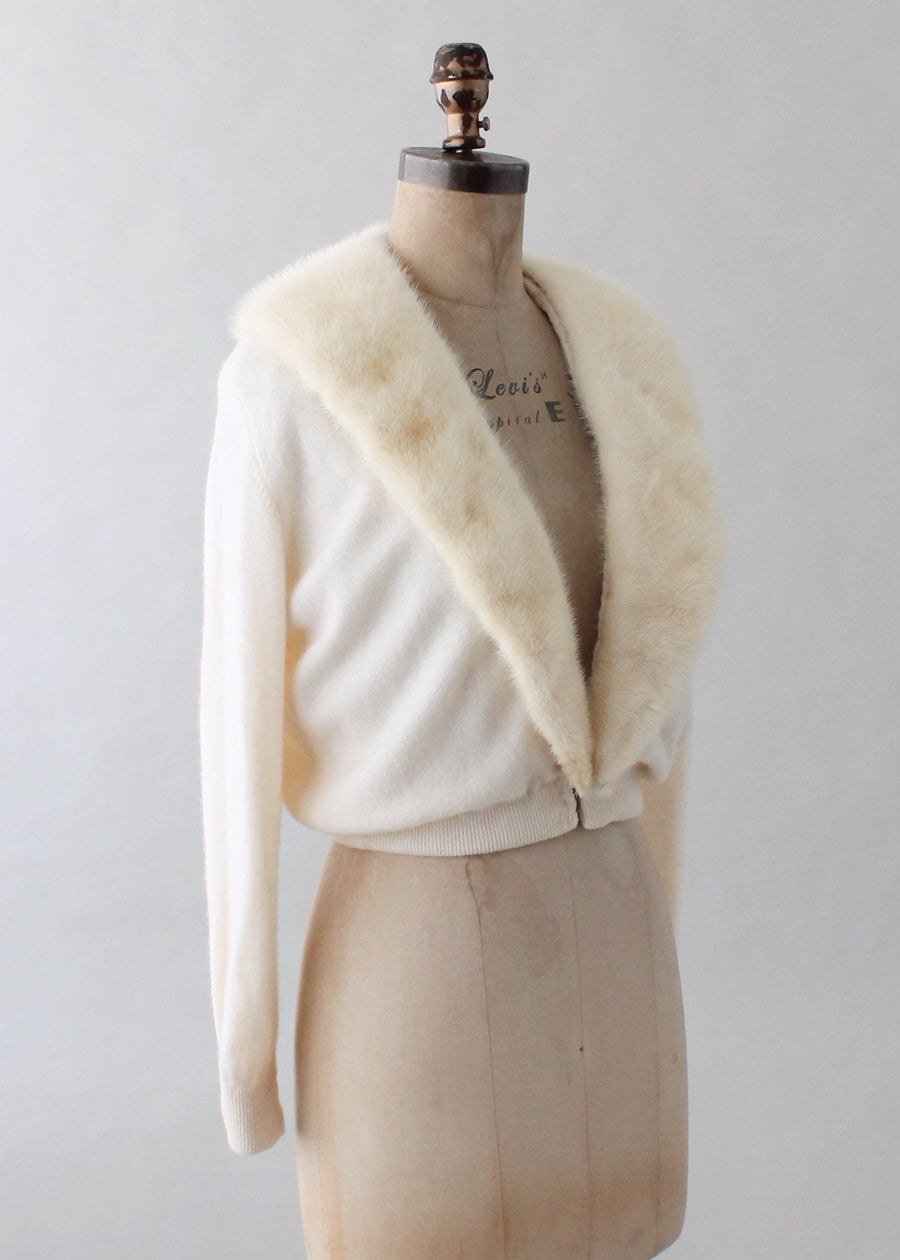 Vintage 1950s Winter White Cashmere and Fur Cardigan
