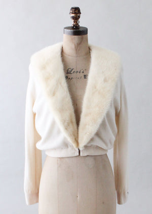 Vintage 1950s Winter White Cashmere and Fur Cardigan