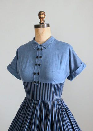 Vintage 1950s Striped Chambray Cotton Day Dress