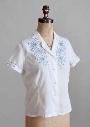 Vintage 1950s White and Blue Embroidered Shirt