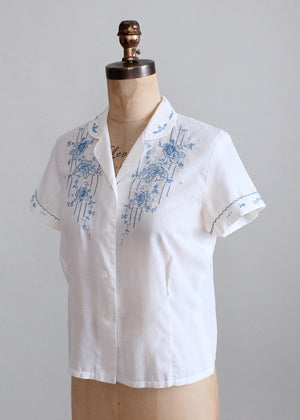 Vintage 1950s White and Blue Embroidered Shirt