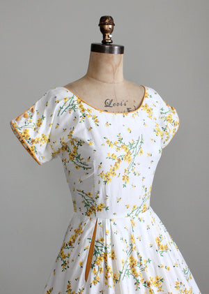 Vintage 1950s Goldenrods and Rhinestones Cotton Dress