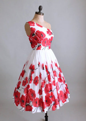 Vintage 1950s Poppies Floral One Shoulder Party Dress