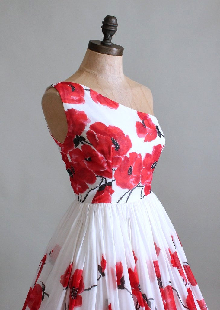 Vintage 1950s Poppies Floral One Shoulder Party Dress
