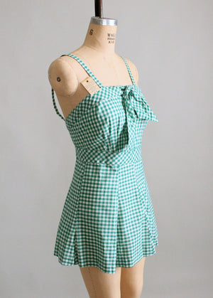 Vintage Late 1940s Gingham Swimsuit with Terrycloth Cover Up