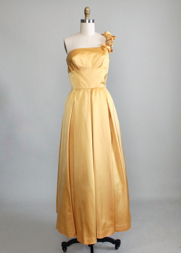 Vintage 1950s Golden Satin One Shoulder Evening Dress - Raleigh Vintage