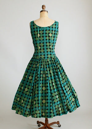 Vintage 1950s Shades of Green Floral Drop Waist Dress