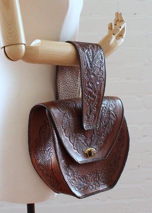 Vintage 1950s Wide Strap Tooled Leather Purse