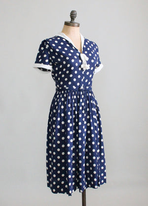 Vintage 1950s Navy and White Polka Dot Day Dress