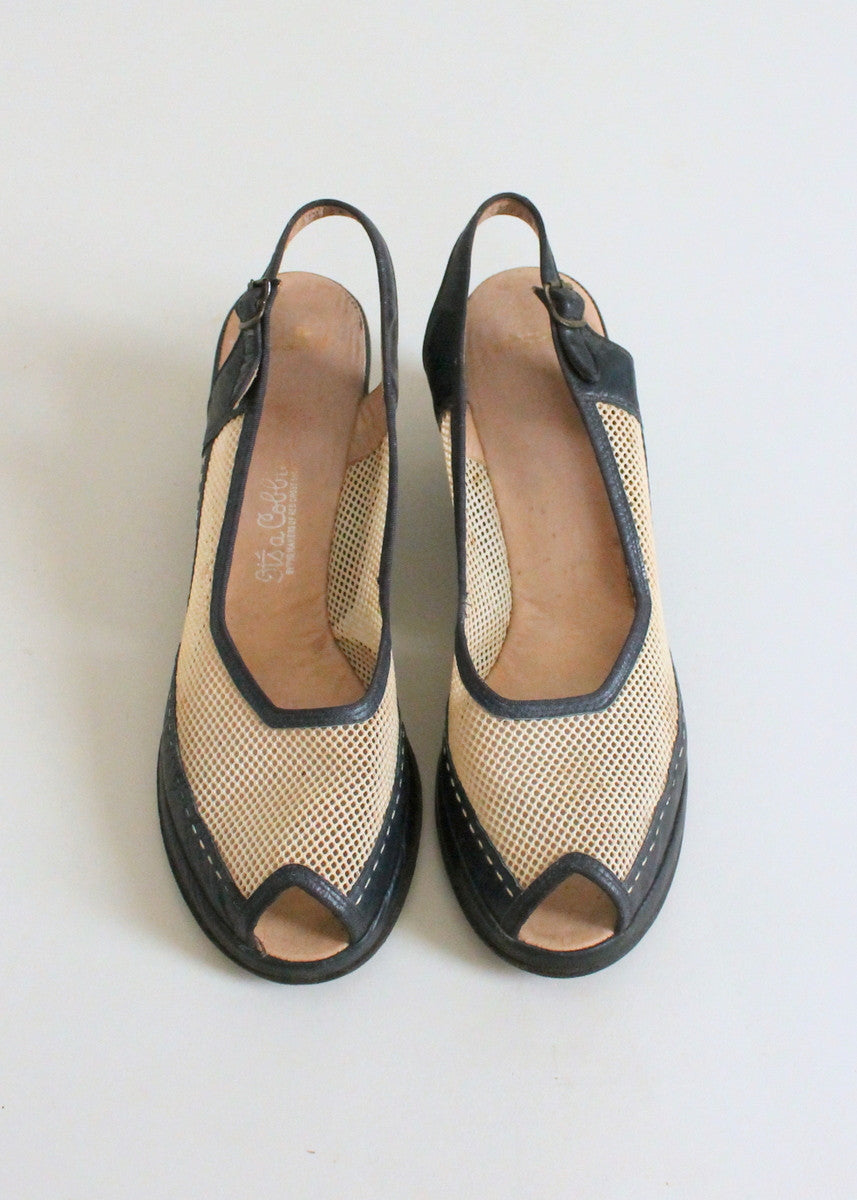 Vintage Eary 1950s Two Tone Mesh Wedge Sandals