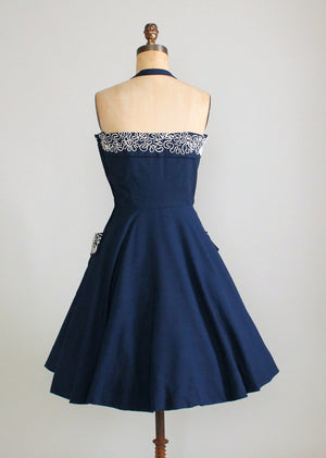 Vintage 1950s Navy Sundress with Soutache and Rhinestones