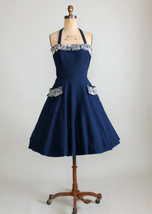 Vintage 1950s Navy Sundress with Soutache and Rhinestones