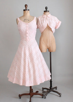 Vintage 1950s Pink Lace Party Dress and Bolero Jacket