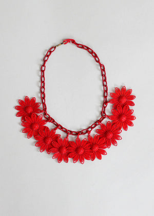 Vintage 1950s Red Daisies Plastic Necklace