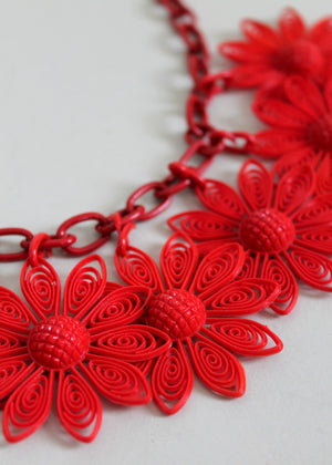Vintage 1950s Red Daisies Plastic Necklace