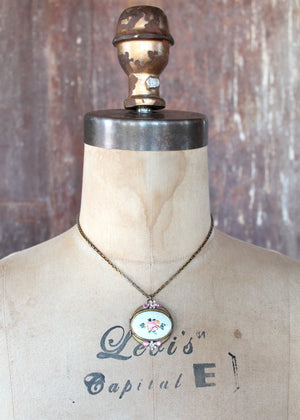 Vintage 1950s Rose Guilloche and Rhinestone Locket Necklace