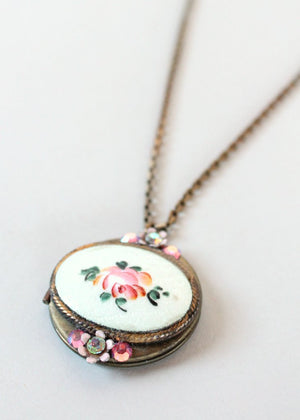 Vintage 1950s Rose Guilloche and Rhinestone Locket Necklace