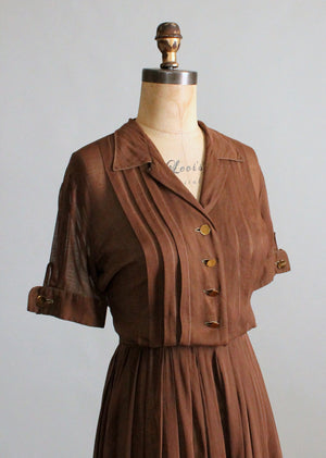 Vintage 1950s Sheer Brown Cotton Shirt Dress