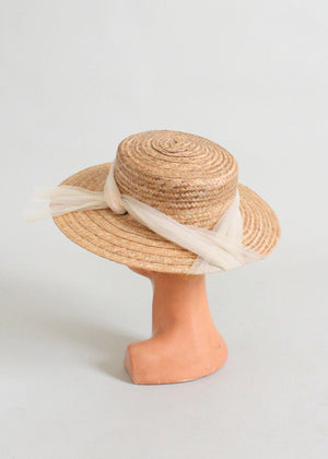 Vintage 1950s Straw Boater Hat with Wrapped Scarf