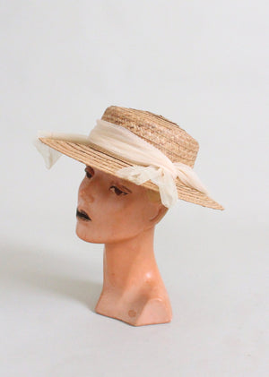 Vintage 1950s Straw Boater Hat with Wrapped Scarf