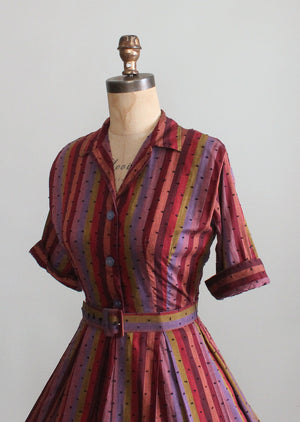 Vintage 1950s Striped Pom Pom Cotton Day Dress