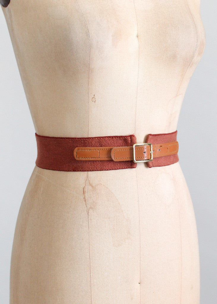 Vintage Brown Leather and Cotton Cinch Belt