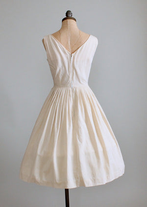 Vintage 1950s Tan Silk Blend Sundress with Lace Bow - Raleigh Vintage